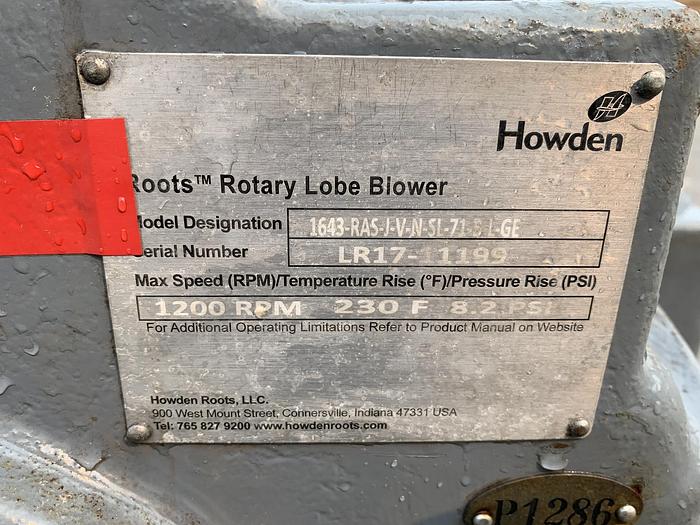 Used ROOTS ROTARY LOBE BLOWER 1200 RPM MFG. 2017
