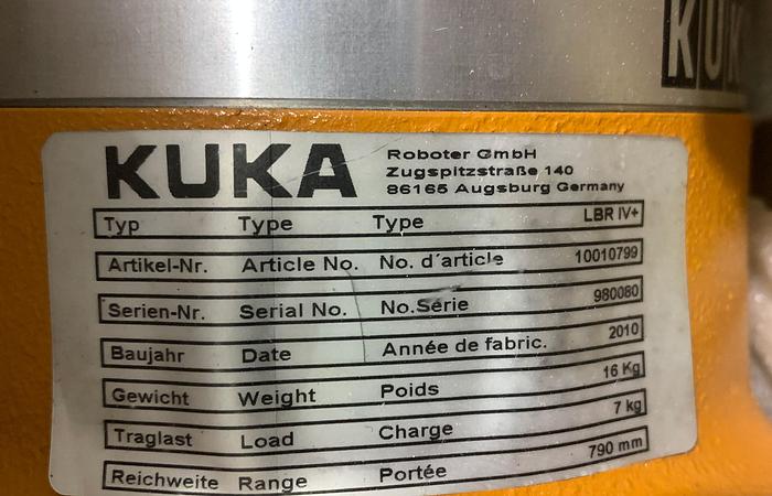 Used KUKA COLLABORATIVE  LBR 7 AXIS IIWA IV+ 7KG X 790R ROBOT WITH LR KUKA CONTROLLER