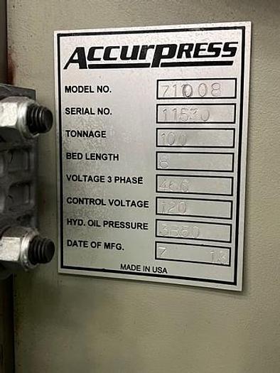Used 2013 AccurPress 71008 CNC Hydraulic Press Brake