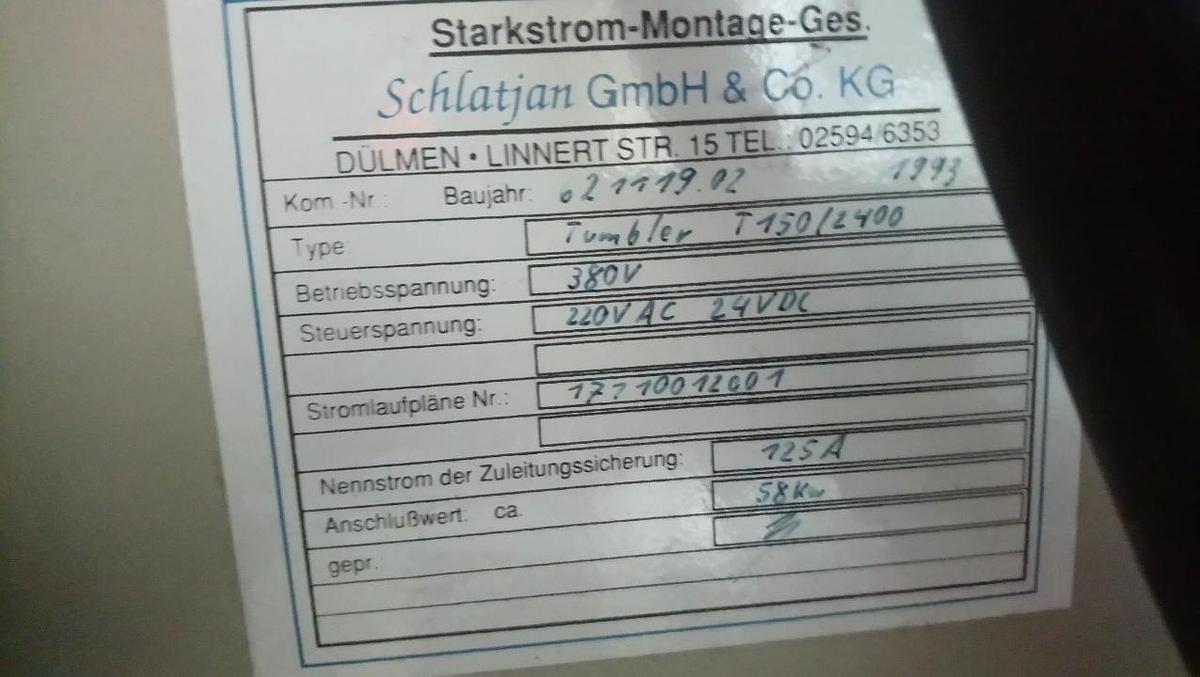 Used Theis Continuous Tumble/Tunnel Drier, T150/240, 1993