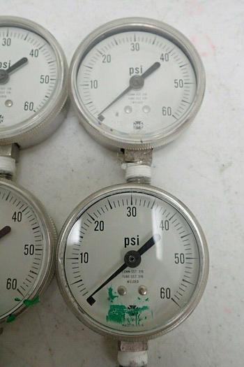 Used Lot of 6 USG 316 SST Tube Connection Welded 0-60 PSI Pressure Gauges