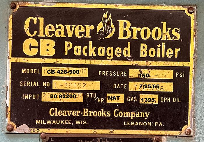 Used 1966 Cleaver Brooks CB 428-500 500 HP 150 PSI Steam Boiler