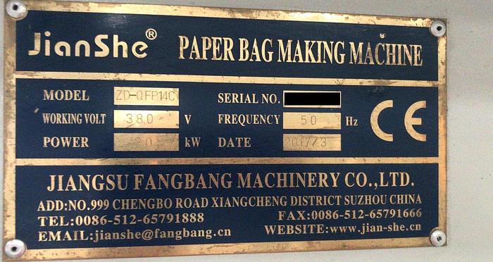 Used 2017 JIANGSU FANGBANG MACHINERY ZD-QFP14C - Sheet fed square bottom paper bag makingmachine with twisted handles unit