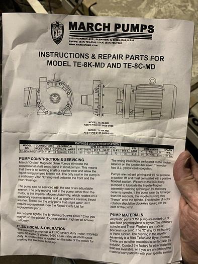Used MARCH Model:  TE-8C-MD Series Centrifugal Pump