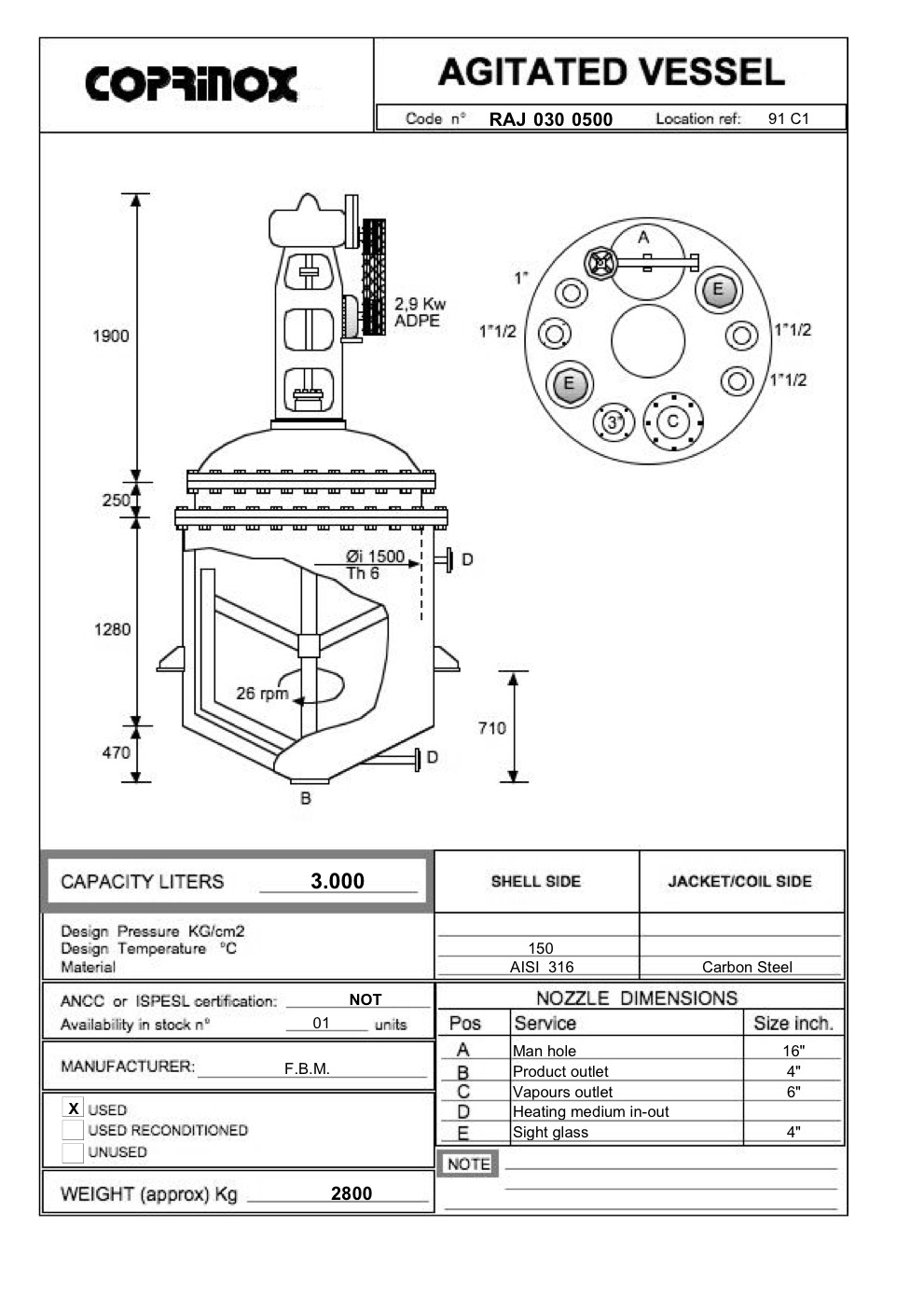Usato Reattore F.B.M. da 3000 Litri
