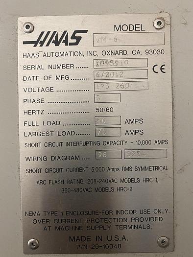 Used 2013 HAAS  VM-6 4-Axis CNC Vertical Machining Center