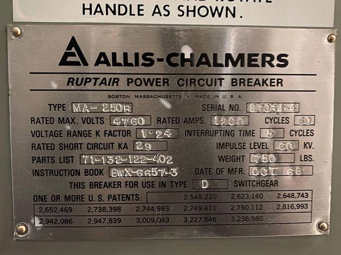 Used ALLIS CHALMERS MA-250B RUPTAIR POWER CIRCUIT BREAKER