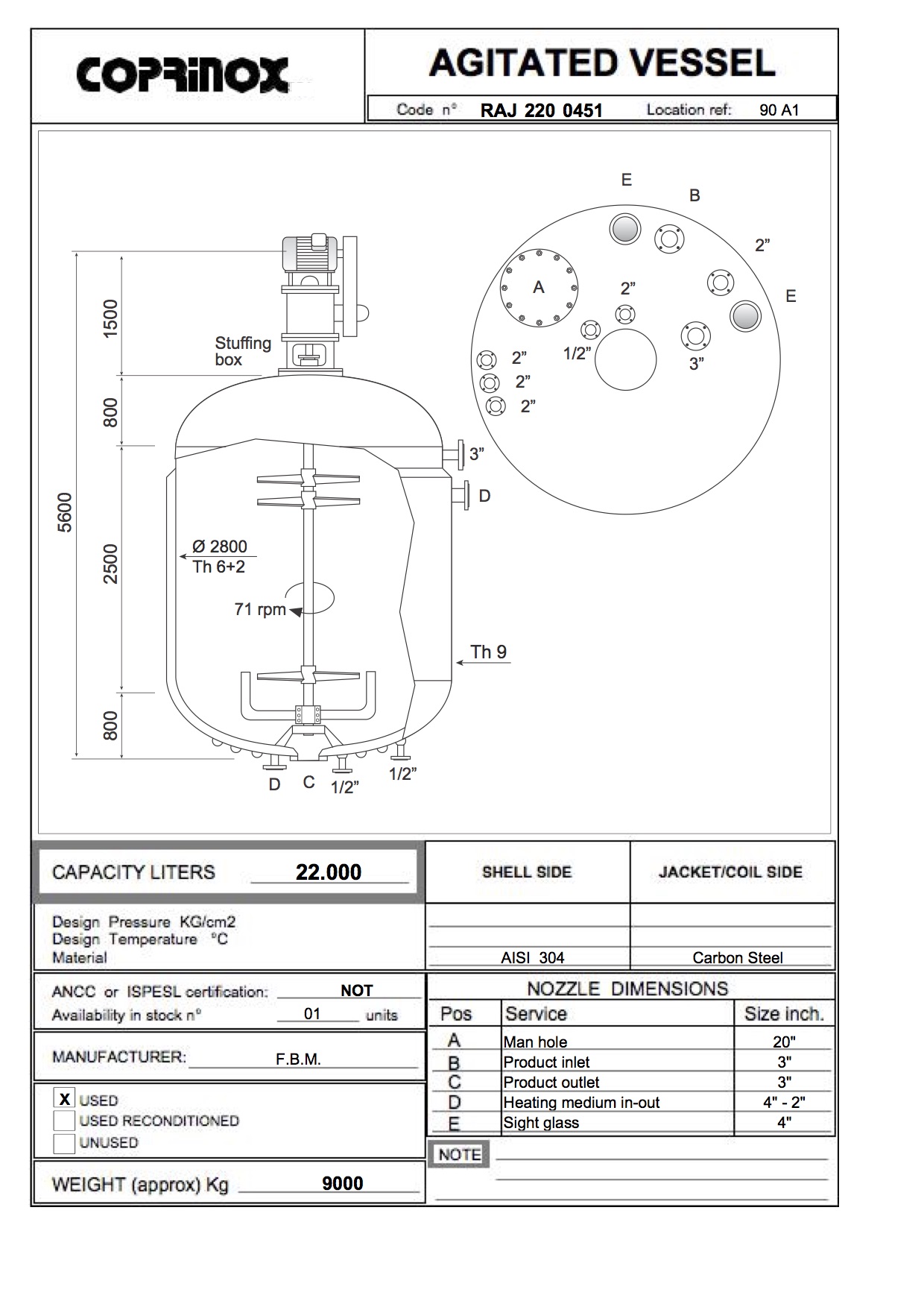 Used Reattore F.B.M. da 20000 Litri