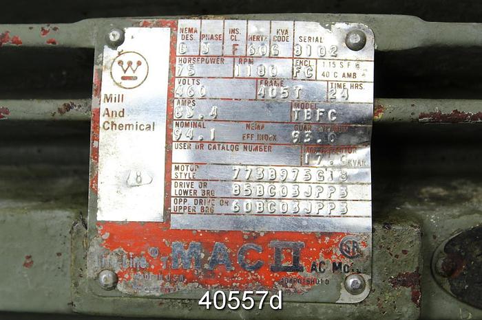 Used Mac A/C Motor, 75 Hp, 1180 Rpm, 460 Volt #40557