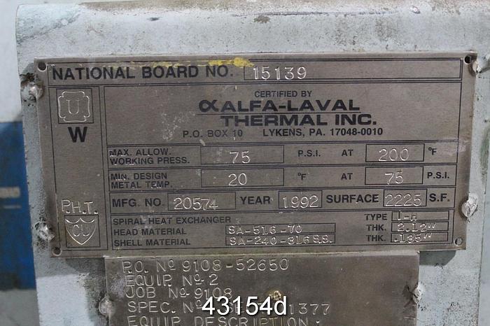 Used Alfa Laval Type 1-H Spiral Heat Exchanger #43154