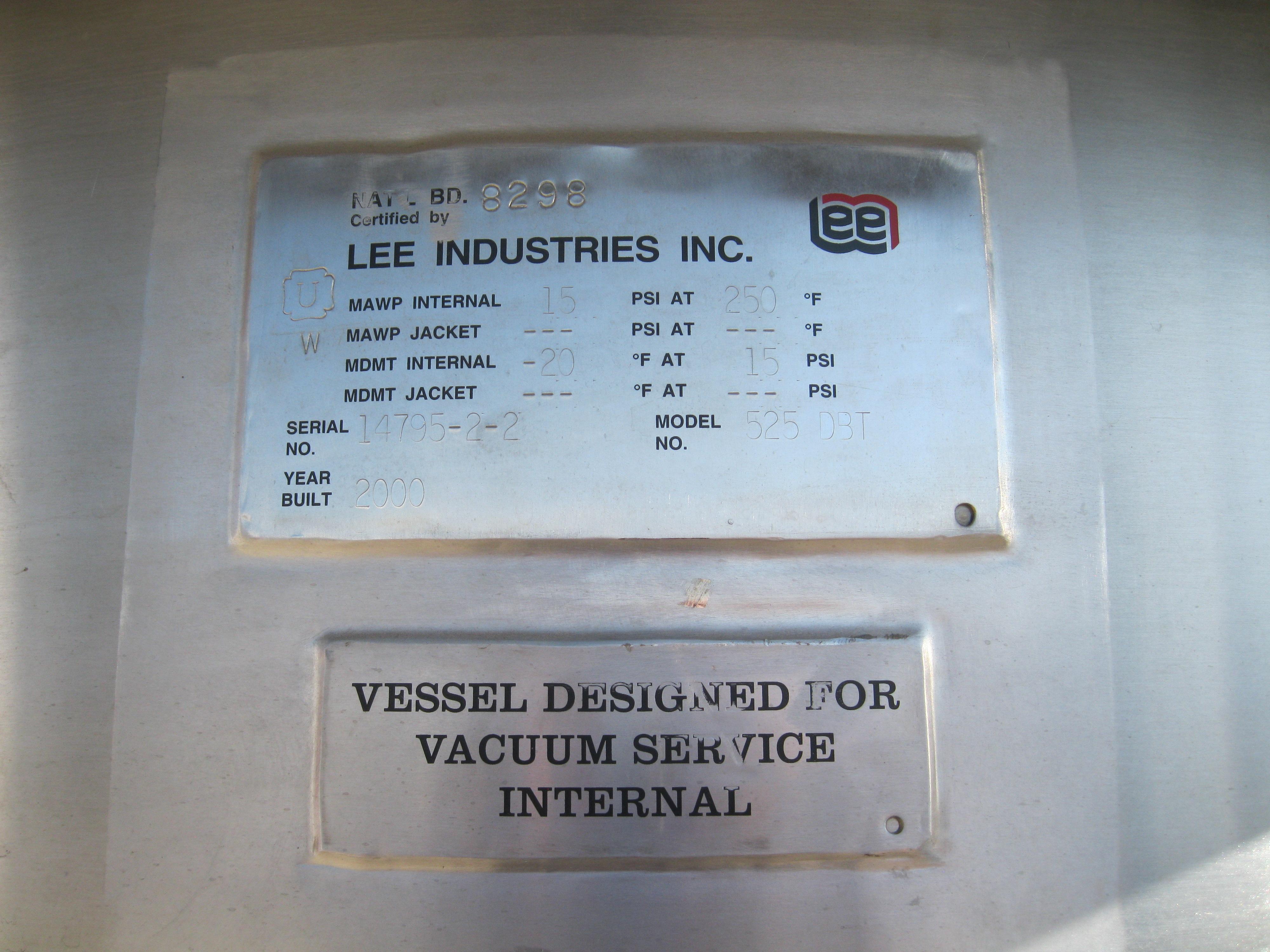 Refurbished 500 GALLON PRESSURE/VACUUM MIX TANK
