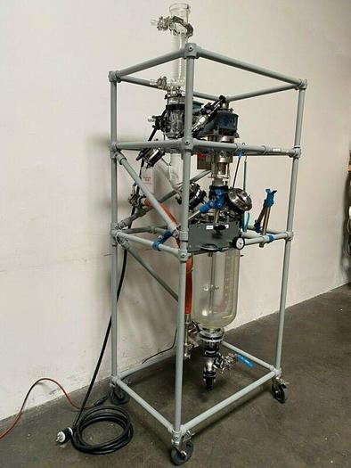 Used Sentinel Process System Skid w/ 20 L Jacketed Glass Reactor, Condenser & Mixer