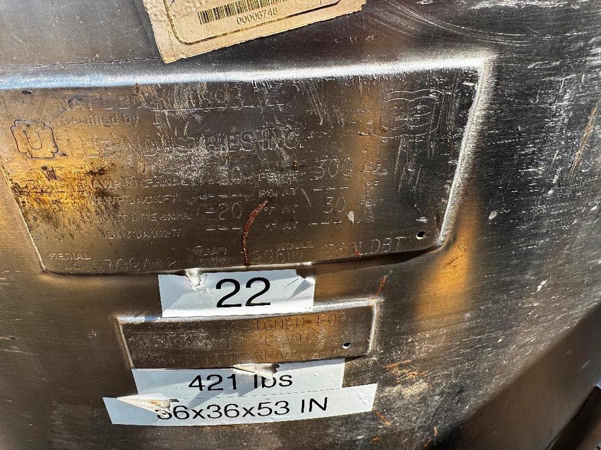 Used Tank, 198 Gallon (750-Liter), 316 Stainless Steel, 30 PSI, FV, Lee Industries, #5991484