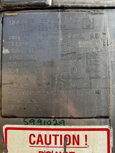Used Tank, 550 Gallon, 316 Stainless Steel, Tote, #5991029