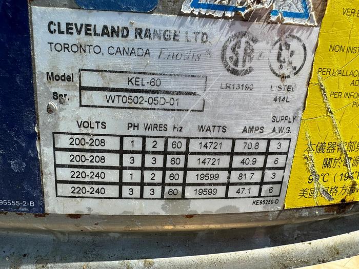 Used Kettle, 60 Gallon, Cleveland, Mdl KEL-60, Electric, #5762946