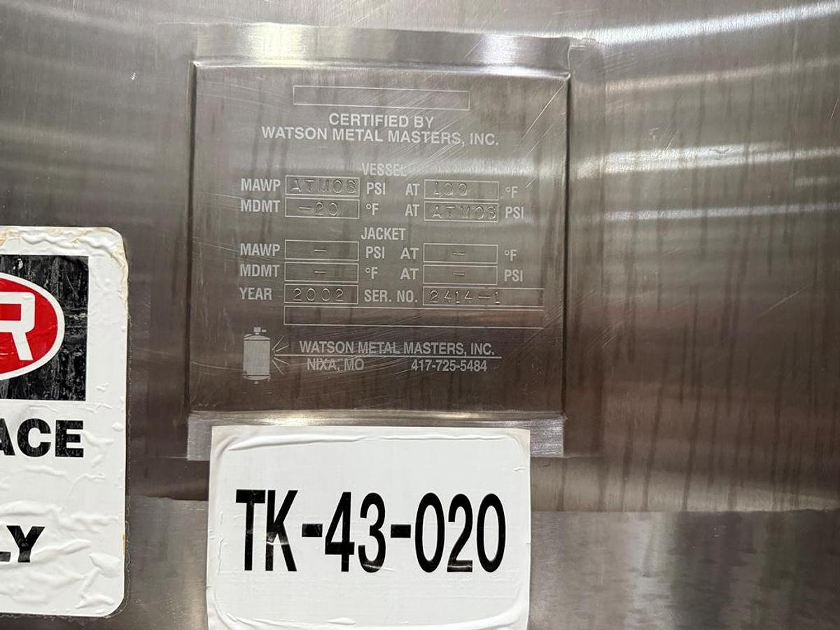 Used Tank, 10,000 Gallon, Watson Metal Masters, Agitated, Stainless Steel, Insulated, Qty 3, #5991624