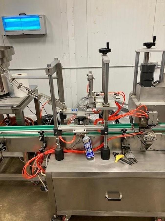 Used Bottling Line, Chinese-Made, 2-Head Servo Filler, Capper, Labeler, Jacketed Hopper, Conveyors, #