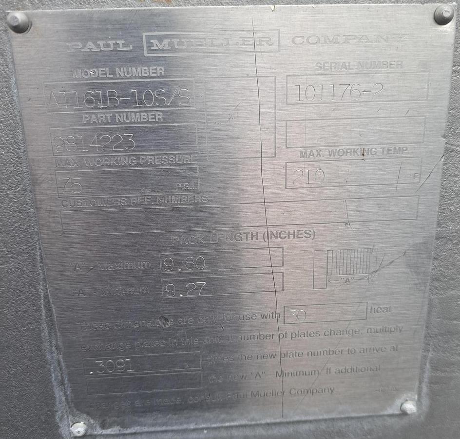 Used Heat Exchanger, Plate, 115 Sq.Ft., 24 Plates, 316 Stainless Steel, Mueller AT161B-10, #5991562