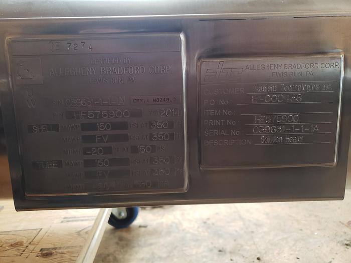 Used Heat Exchanger, Shell & Tube, 233 SF (x2), 466.5 SF Total, Allegheny Bradford, Stainless, #5991338