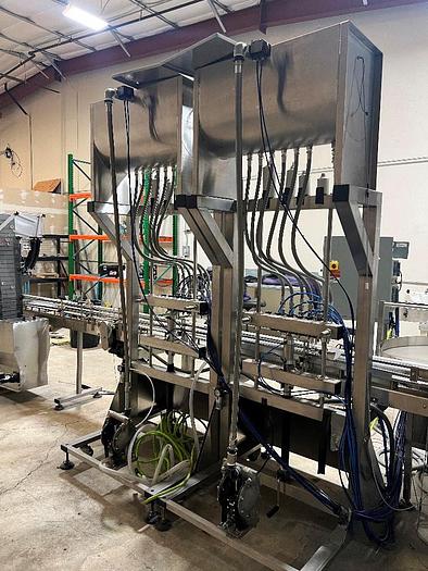 Used Filling Line, 12-Head, Overflow Filler, Inline Capper, Wrap Labeler #C745379