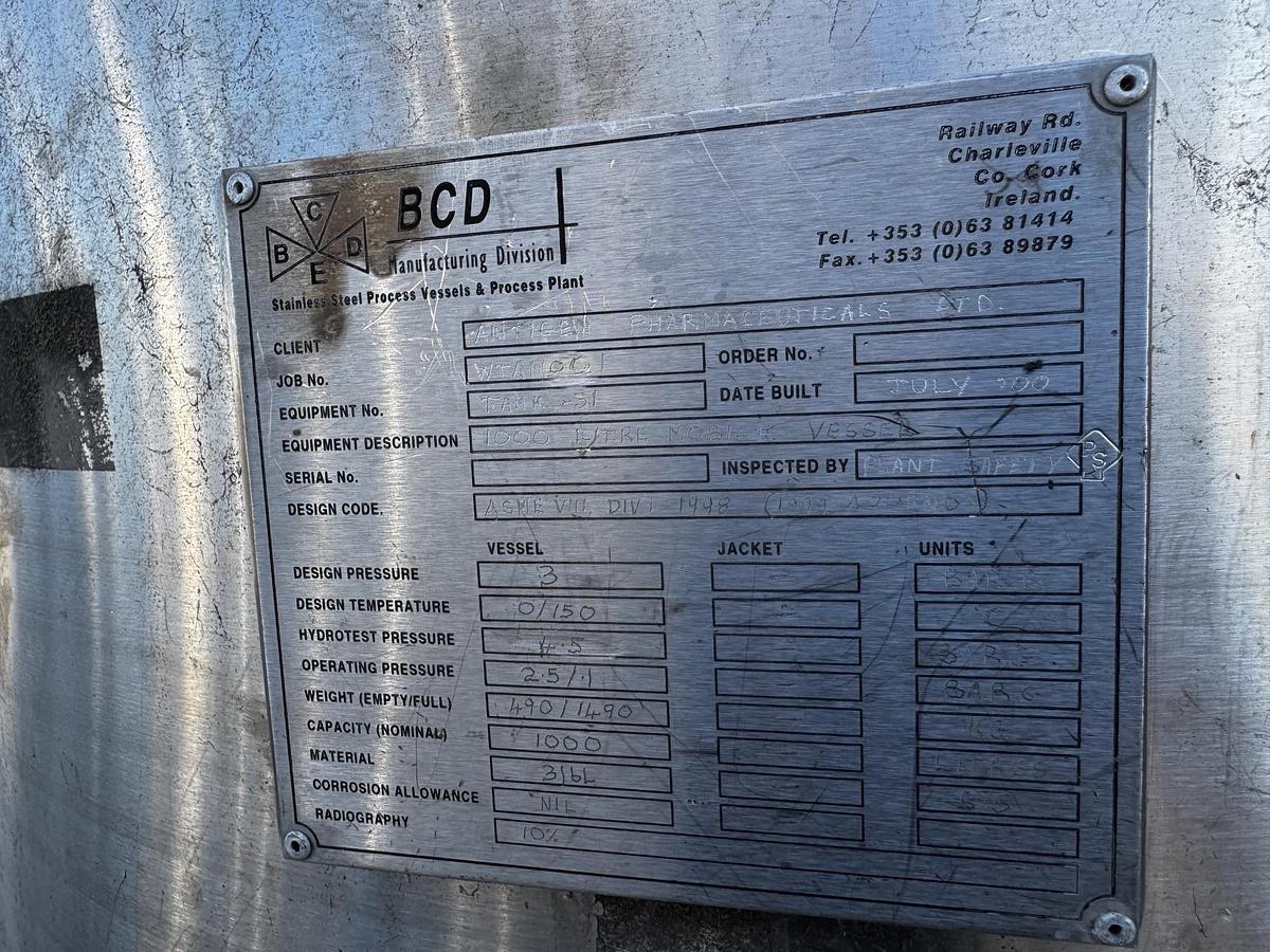 Used Tank, 264 Gallon, 1,000 Liter, BCD Manufacturing, Agitated, 316L Stainless, 3 Bar, #5991456