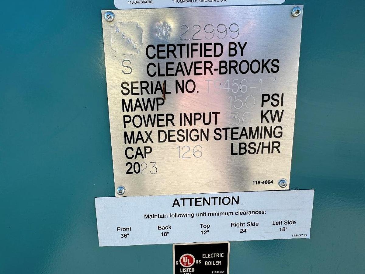 Used Boiler, Electric, 36 kW, 126 Lb/Hr, Cleaver-Brooks, 150 PSI, 2023, #