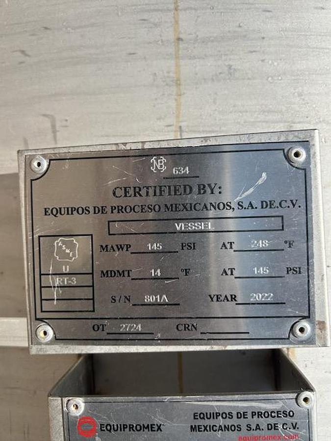 Used Tank, 2,775 Gallon, 304 Stainless Steel, Vertical, Equipromex, 145 PSI, Agitated, 2022, Unused, #5991578