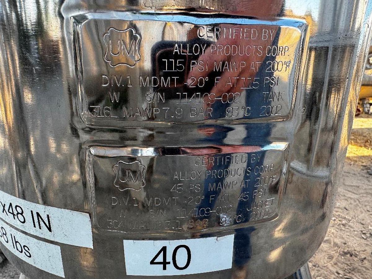 Used Tank, 13 Gallon (50 Liter), 316L Stainless Steel, Jacketed, Alloy Products, 115 PSI, #5991481