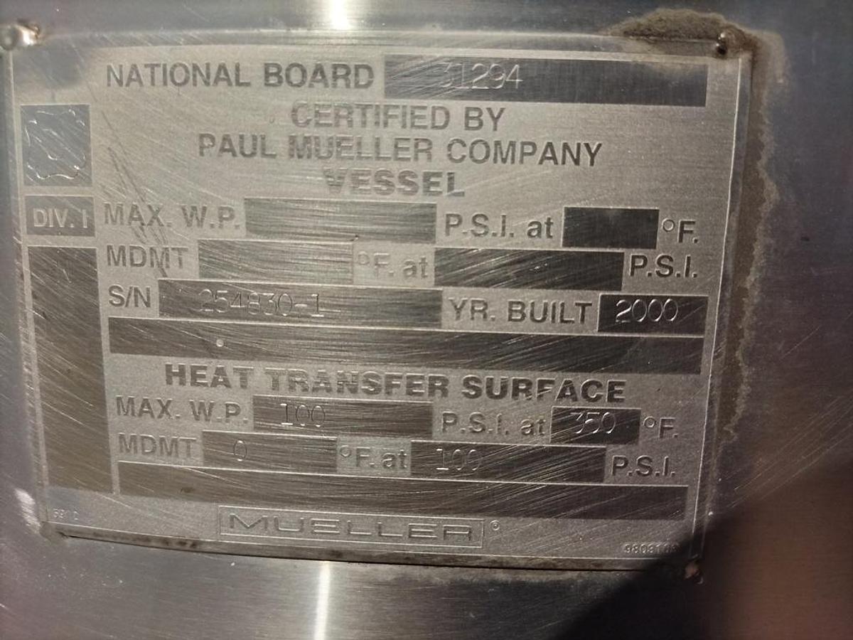 Used Kettle, 300 Gallon, Stainless Steel, Jacketed, Scrape Surface Agitation, Mueller,#5991921