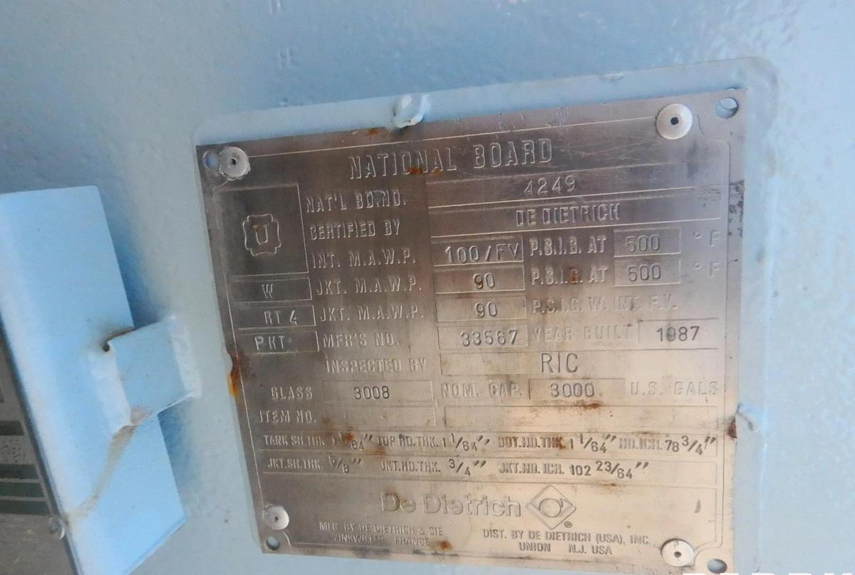 Used Reactor, 3,000 Gallon, Glass Lined, De Dietrich, #5991816