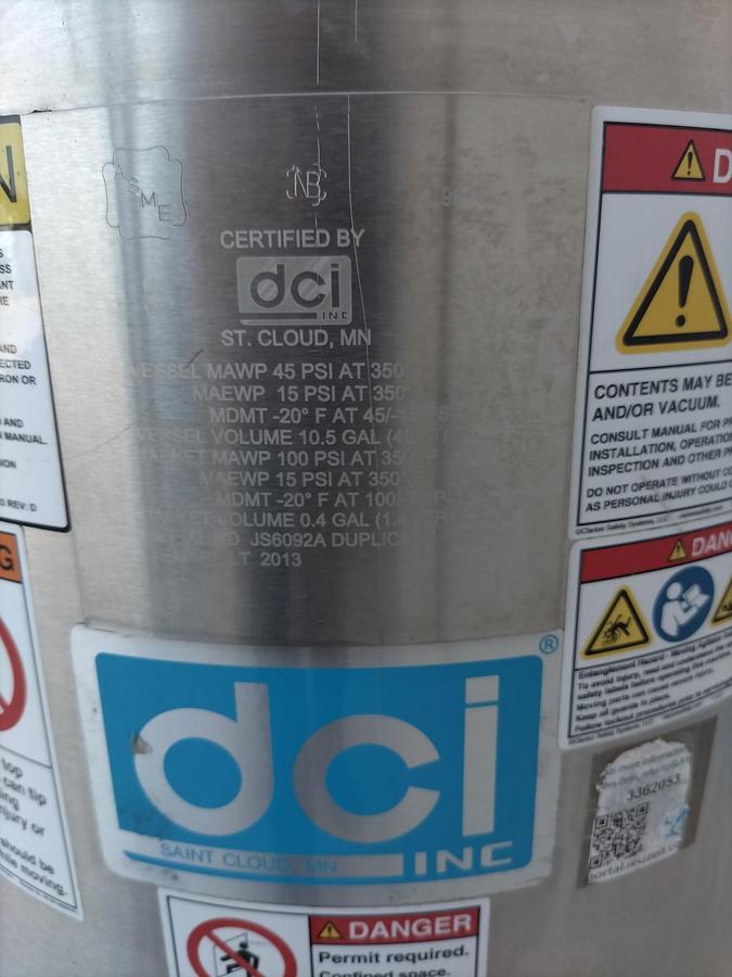Used Tank, 10.6 Gallon (40 Liter), DCI, Agitated, Stainless Steel, 45 PSI, FV, #5991469