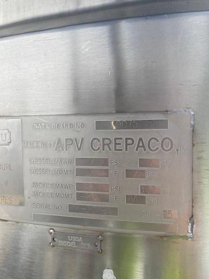 Used Tank, 500 Gallon, APV Crepaco, Jacketed, Agitated, Stainless Steel, #5991445