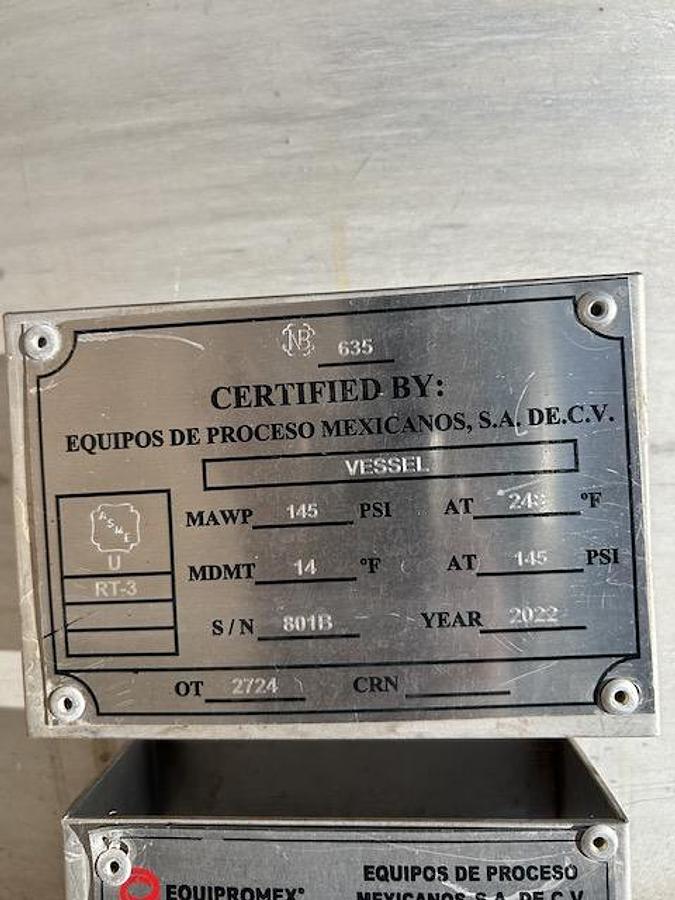 Used Reactor, 2,775 Gallon, 304 Stainless Steel, Equipromex, Reagent Reactor, Agitated, Vertical, 145 PSI, #5991582