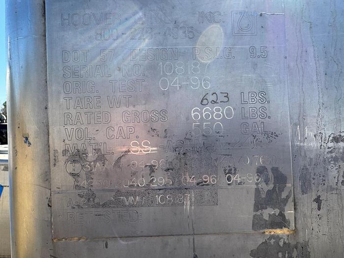 Used Tank, 550 Gallon, 316 Stainless Steel, Tote, #5991030