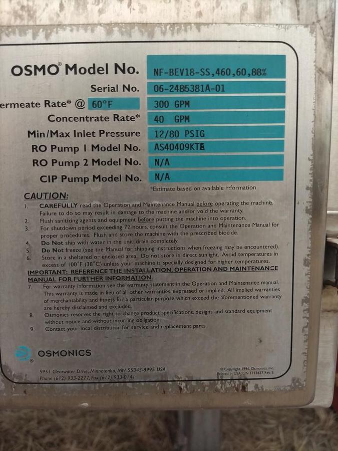 Used Filter, Nano Filtration, Osmonics, BEV Series, Stainless Steel, 300 GPM Permeate, #5991746