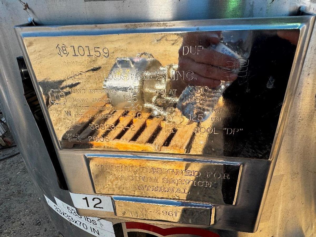 Used Tank, 53 Gallon (200 Liter), Lee, Jacketed, Stainless Steel, 45 PSI, FV, #5991468