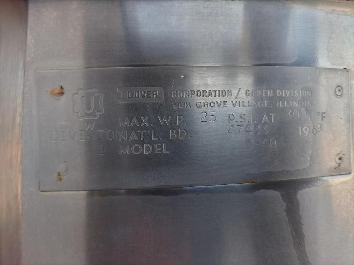 Used Kettle, 40 Gallon, Stainless Steel, Tilting, Steam Jacketed, Groen D-40, #5991953