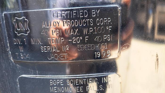 Used Tank, 20 Gallon, 316L Stainless Steel,  Jacketed, 40 PSI, Pope Sci, Pressure #S738859