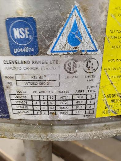 Used Kettle, 60 Gallon, Cleveland, Mdl KEL-60, Electric, #5762946
