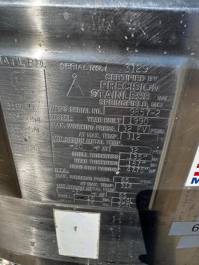 Used Tank, 181 Gallon, 316L Stainless Steel, Full Vacuum, Jacketed, Agitated, 32 PSI, #5991496
