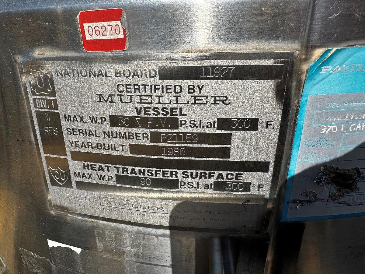 Used Tank, 98 Gallon (370 Liter), Jacketed, Stainless Steel, Mueller, 30 PSI / FV, #5991489