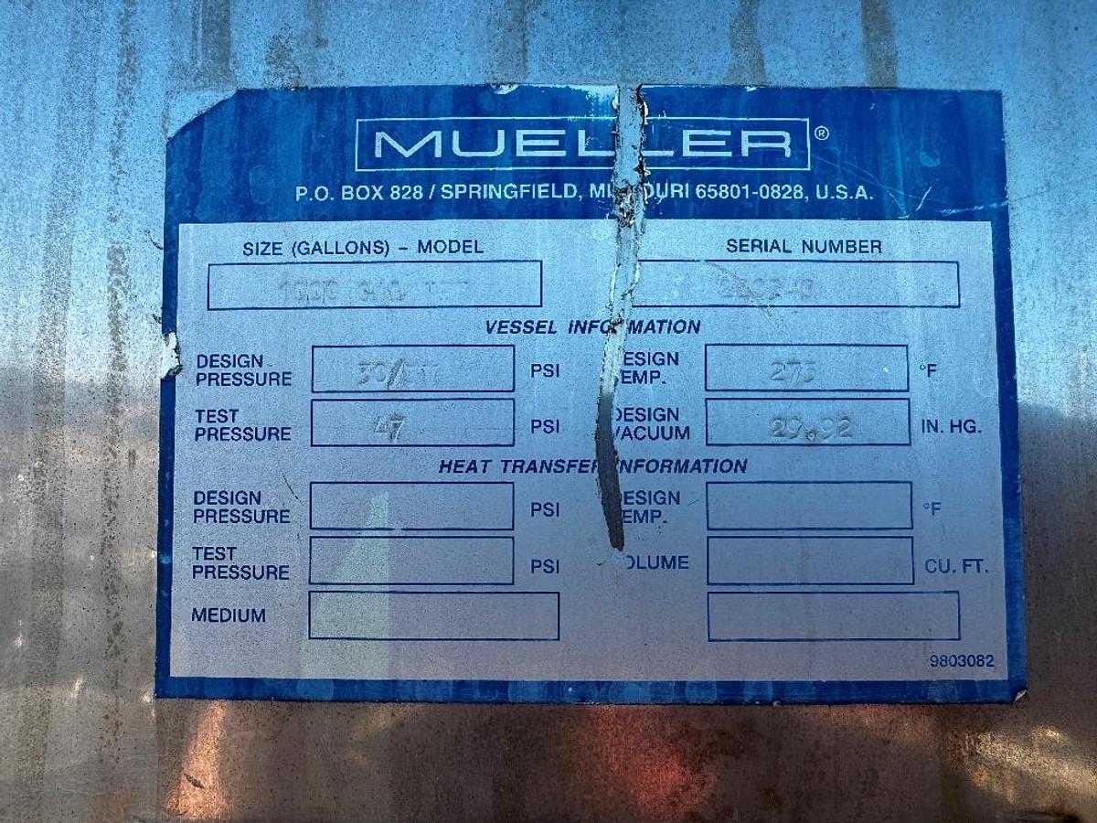 Used Tank, 1,000 Gallon, Full Vacuum, 30 PSI, Stainless Steel, Mueller, #5991480