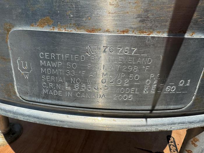 Used Kettle, 60 Gallon, Cleveland, Mdl KEL-60, Electric, #5762946