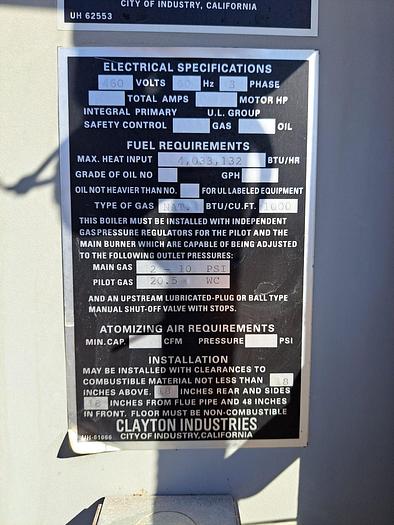 Used Boiler, 100 HP, Clayton, Model SF-100-1-FMB-SE, Gas-Fired #C744819