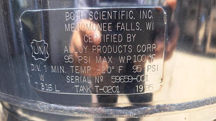 Used Tank, 20 Gallon, 316L Stainless Steel,  Jacketed, 40 PSI, Pope Sci, Pressure #S738859