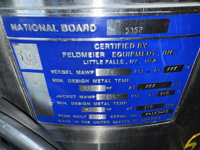 Used Tank, 35 Gallon, 316L Stainless Steel, Jacketed, Scrape Agitated, Feldmeier #S745368