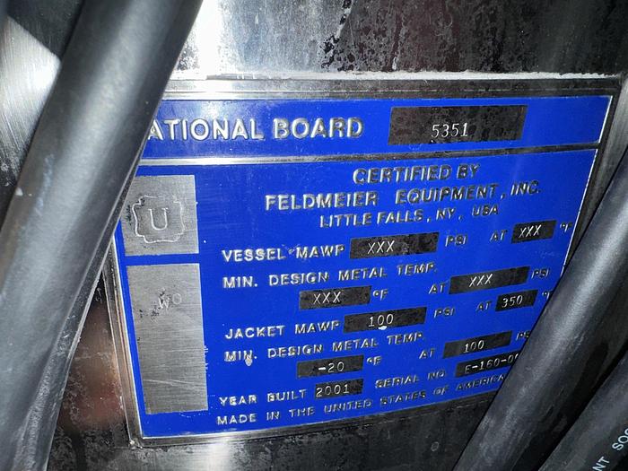 Used Tank, 200 Gallon, 316L Stainless, Jacketed, Scrape Agitated, Feldmeier #S745370