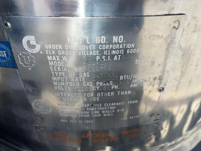 Used Kettle, 40 Gallon, Groen, Mdl DHT-40, Tilt, Gas-Fired, Self Contained #S745091