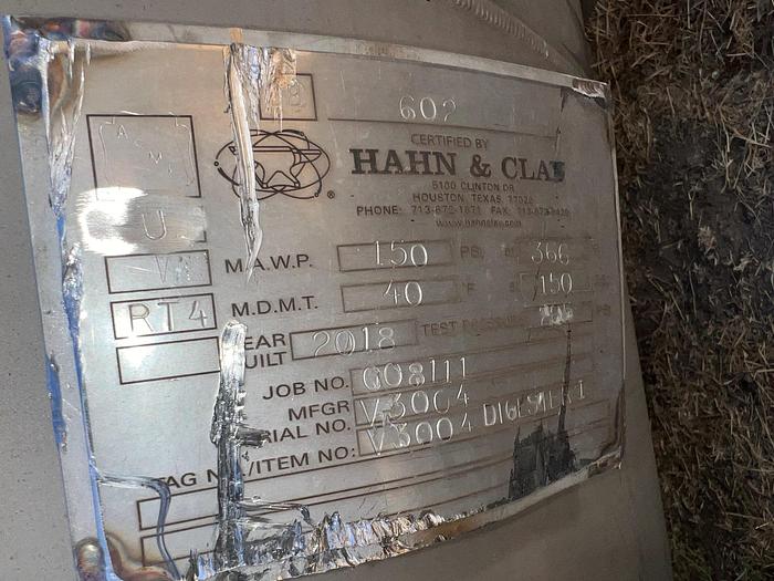 Used Tank, 2,000 Gallon, 150 PSI, 304L Stainless Steel, Hahn & Clay - #S745288