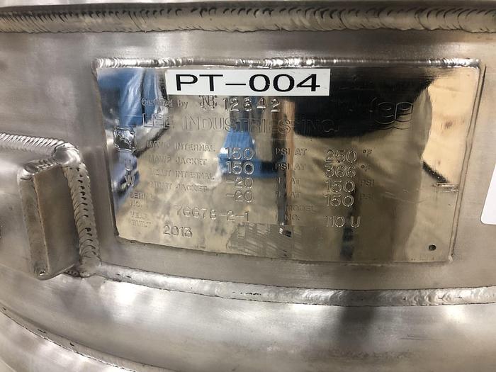 Used Reactor, 110 Gallon, Stainless Steel, Jacketed, 150 PSI, Lee Industries #S745277
